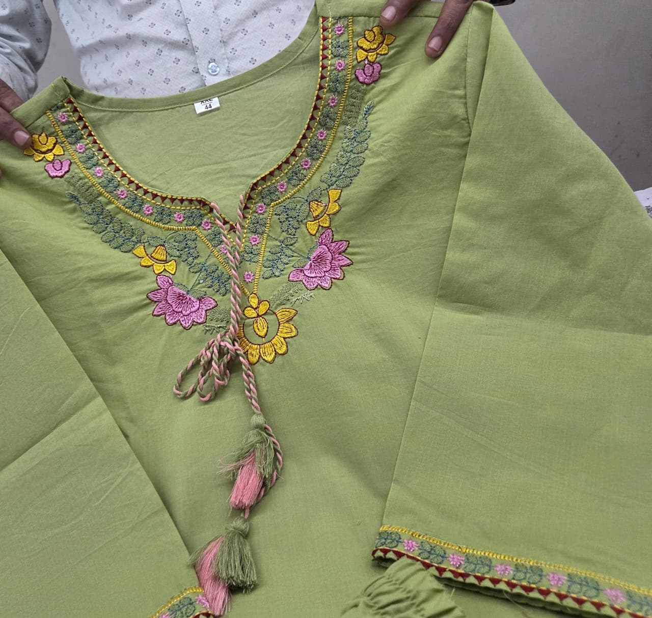 Green Summer Cotton Embroidered Kurti Pant Co-ord Set