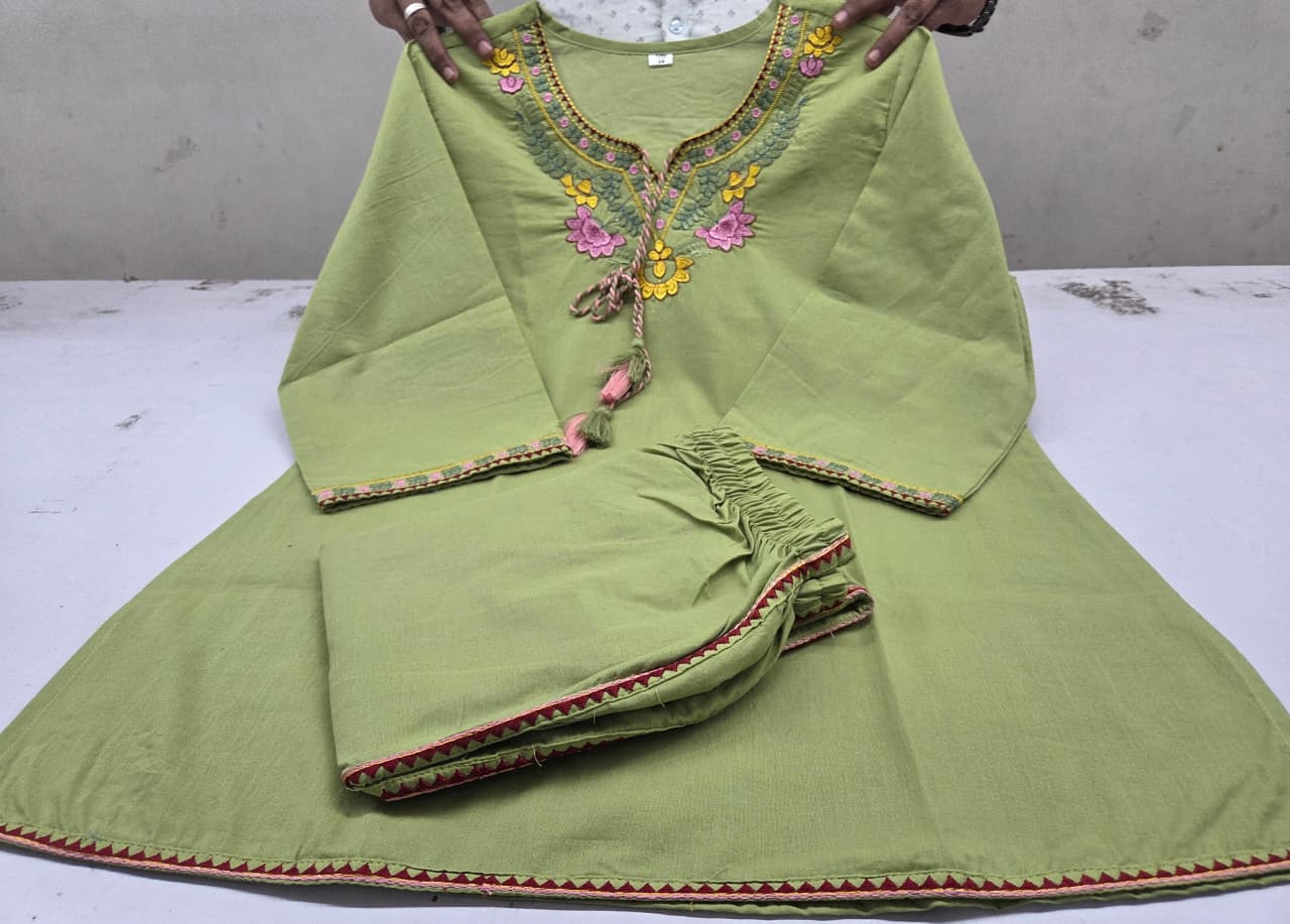 Green Summer Cotton Embroidered Kurti Pant Co-ord Set