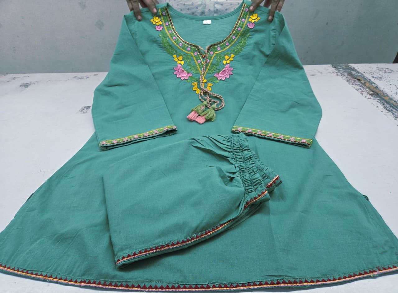Blue Summer Cotton Embroidered Kurti Pant Co-ord Set