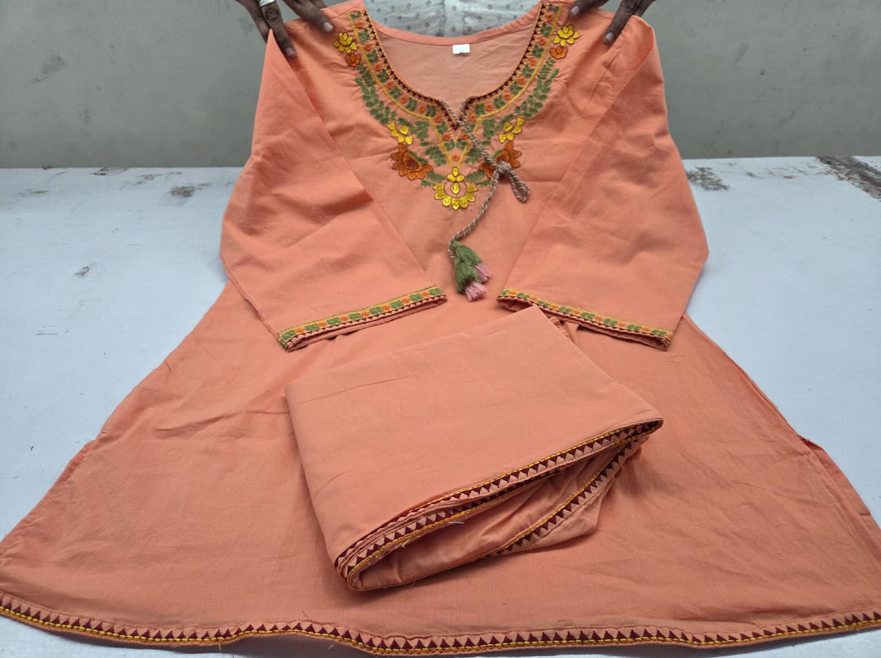 Peach Summer Cotton Embroidered Kurti Pant Co-ord Set