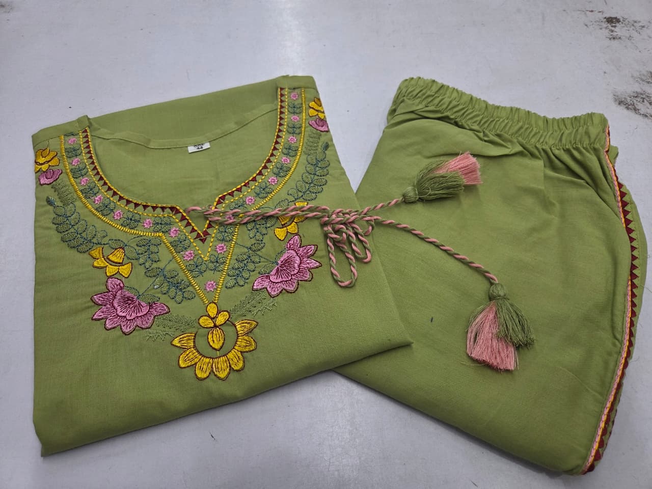 Green Summer Cotton Embroidered Kurti Pant Co-ord Set