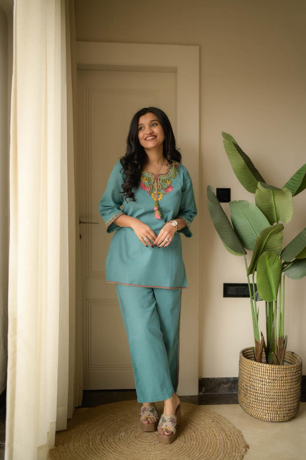 Blue Summer Cotton Embroidered Kurti Pant Co-ord Set