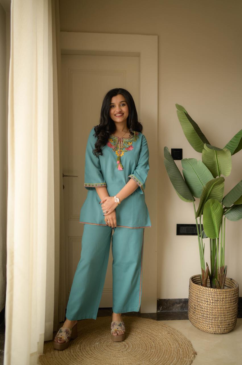 Blue Summer Cotton Embroidered Kurti Pant Co-ord Set