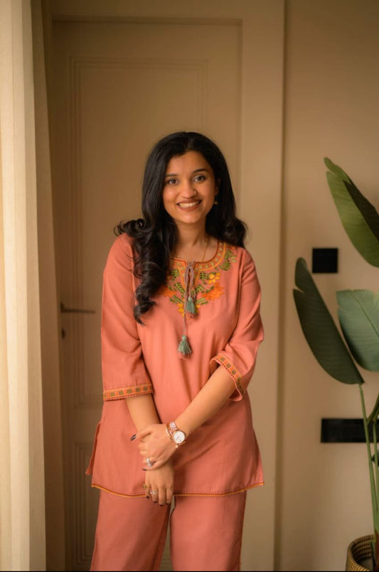 Peach Summer Cotton Embroidered Kurti Pant Co-ord Set
