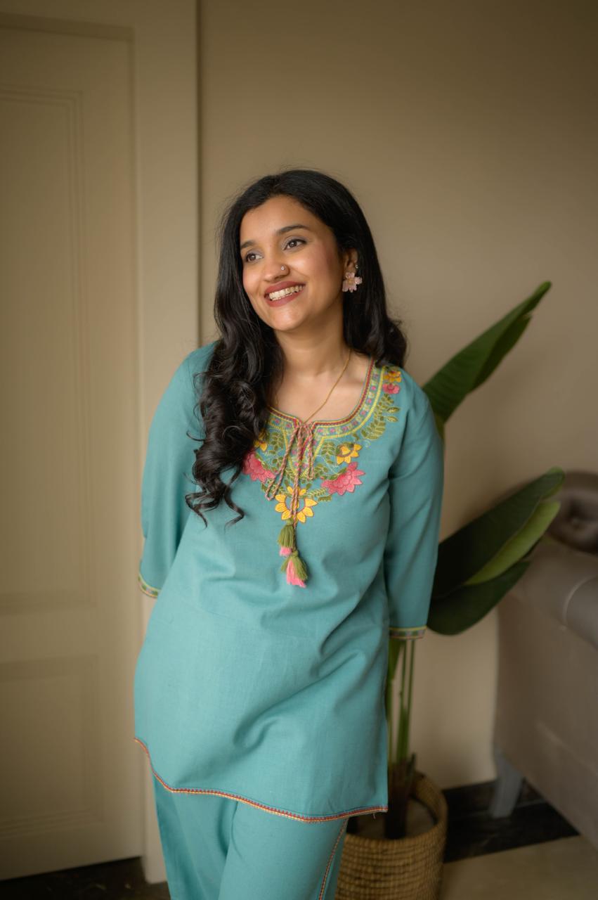 Blue Summer Cotton Embroidered Kurti Pant Co-ord Set