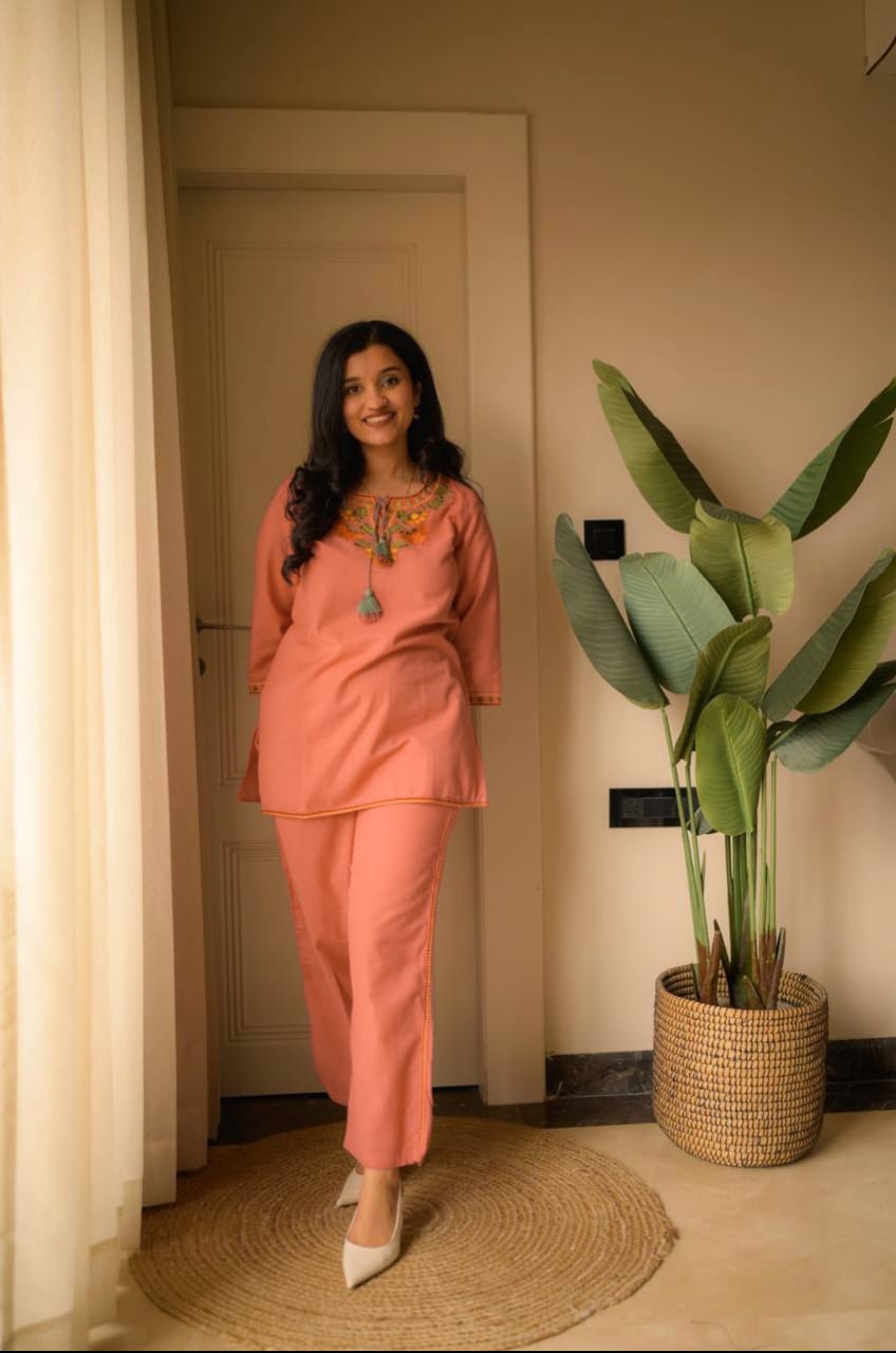 Peach Summer Cotton Embroidered Kurti Pant Co-ord Set