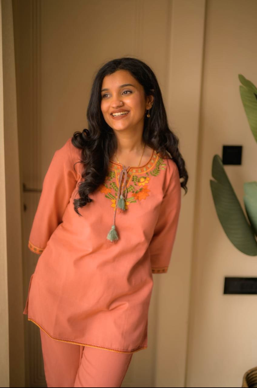 Peach Summer Cotton Embroidered Kurti Pant Co-ord Set