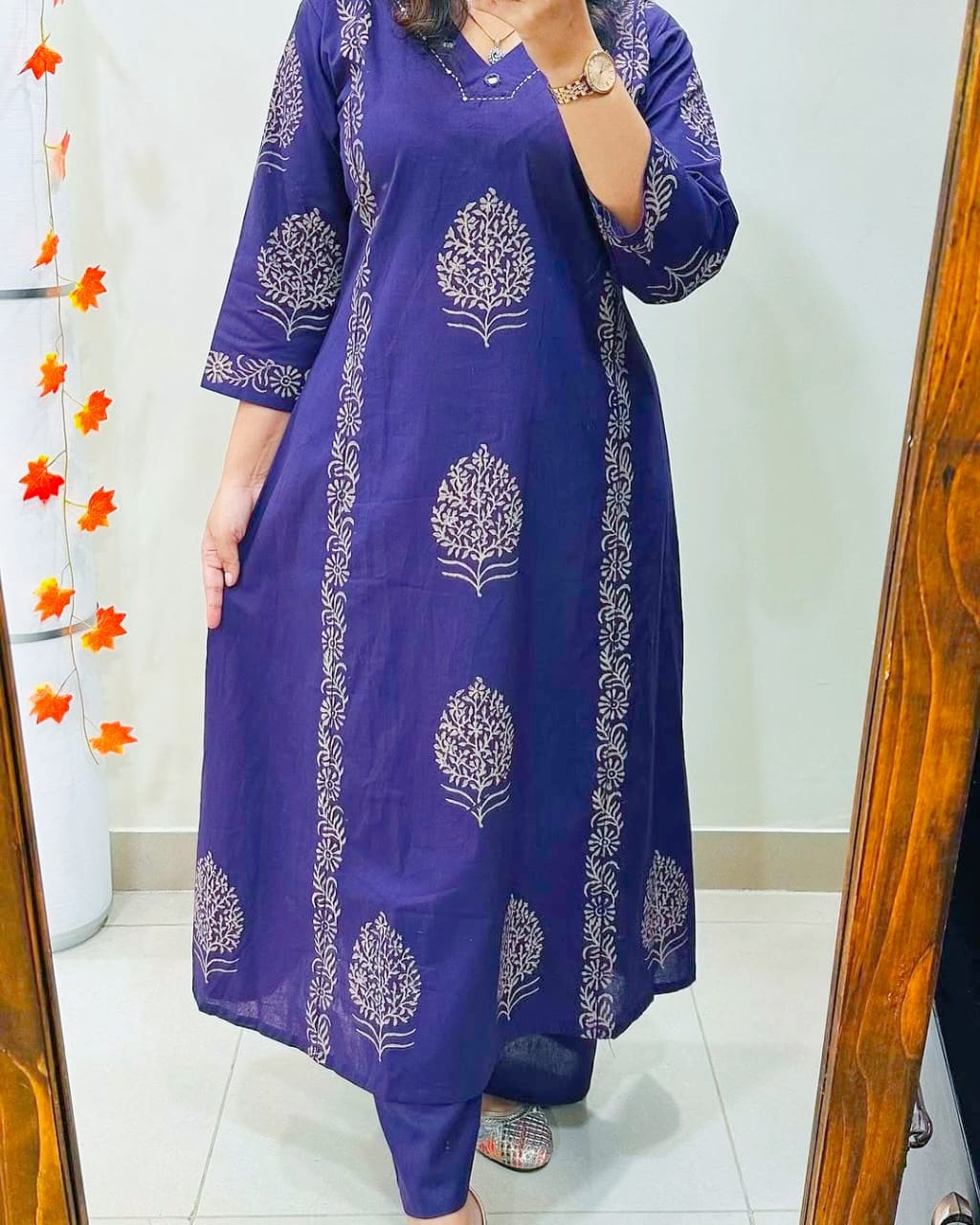 Blue Hand-Block Cotton Kurti Pant Set with Mirror Work