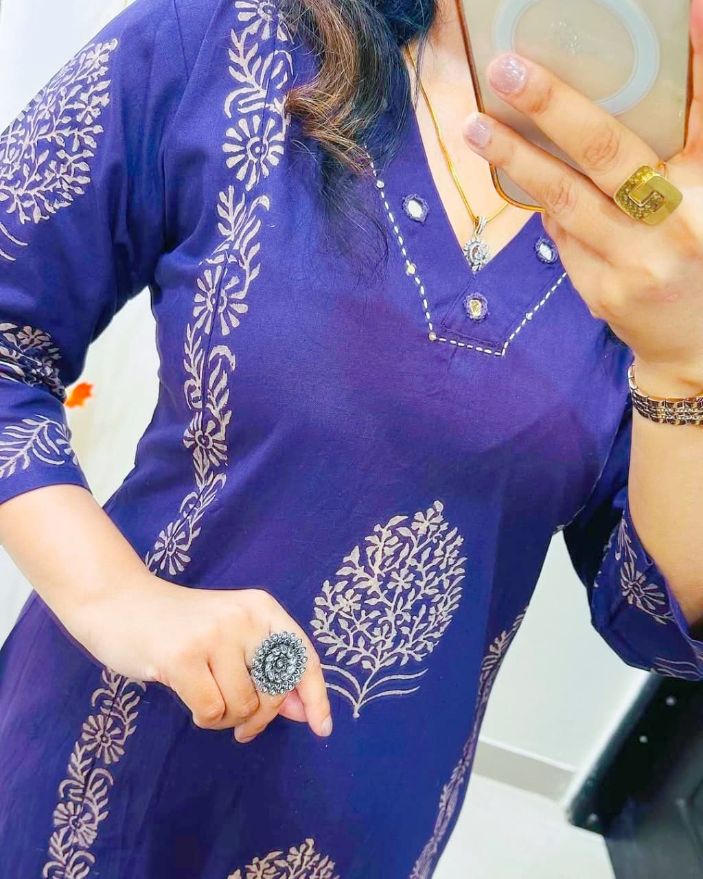 Blue Hand-Block Cotton Kurti Pant Set with Mirror Work