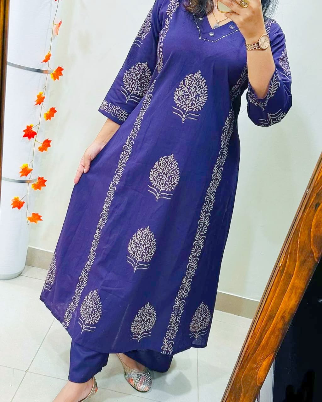 Blue Hand-Block Cotton Kurti Pant Set with Mirror Work