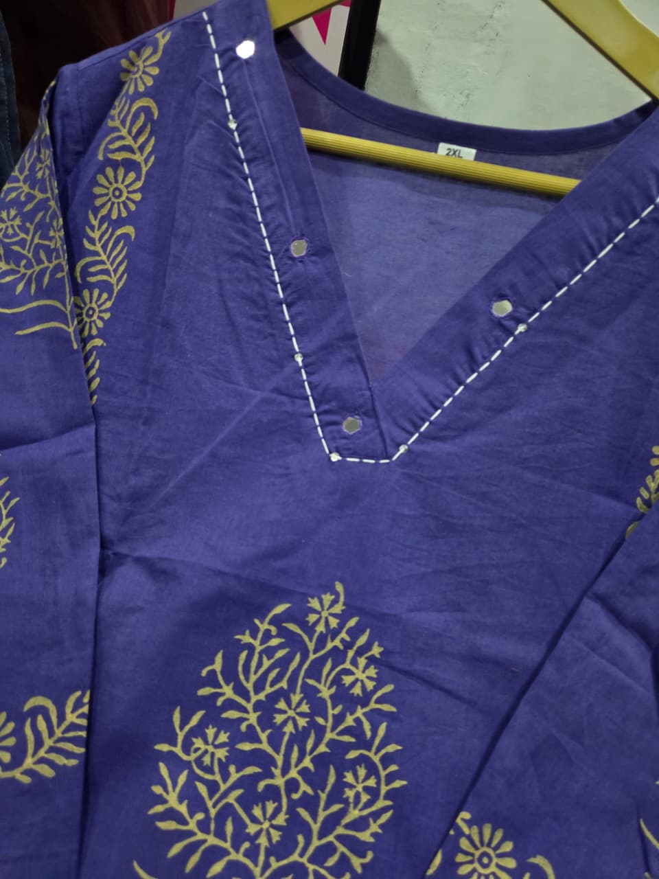 Blue Hand-Block Cotton Kurti Pant Set with Mirror Work