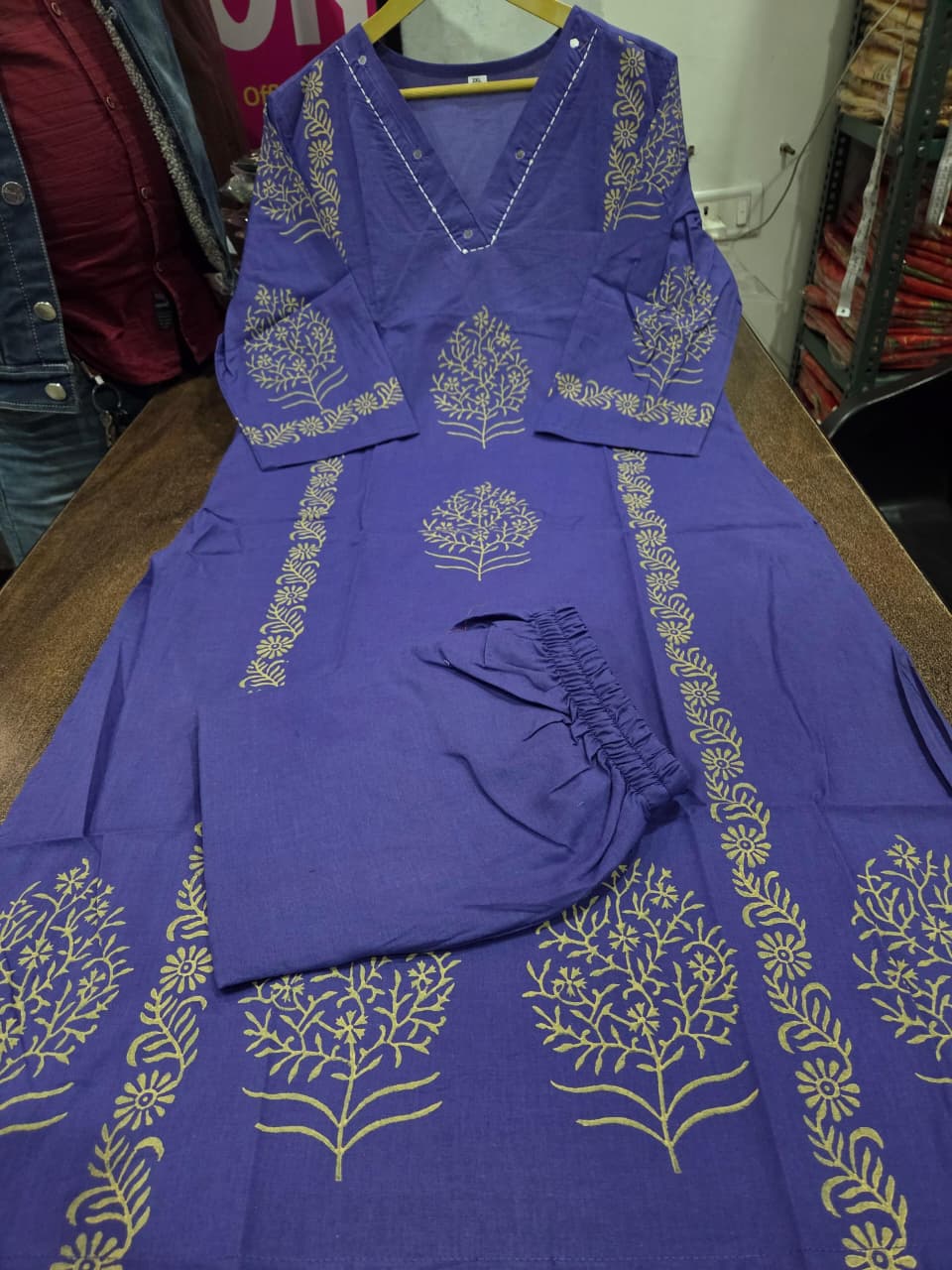 Blue Hand-Block Cotton Kurti Pant Set with Mirror Work