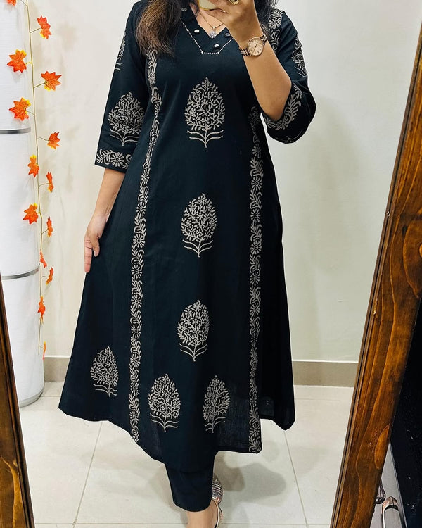 Black Hand-Block Cotton Kurti Pant Set with Mirror Work