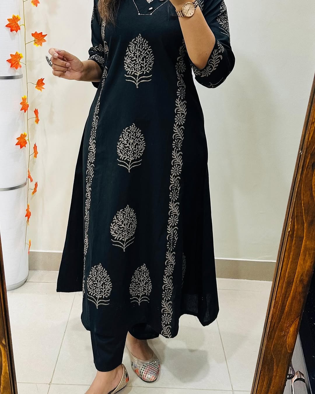 Black Hand-Block Cotton Kurti Pant Set with Mirror Work