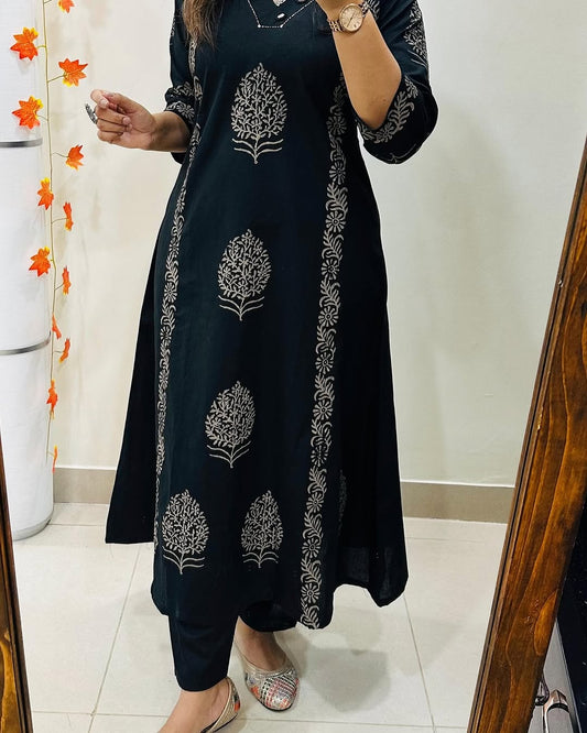 Black Hand-Block Cotton Kurti Pant Set with Mirror Work