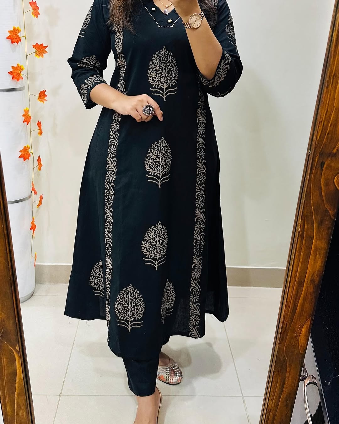 Black Hand-Block Cotton Kurti Pant Set with Mirror Work