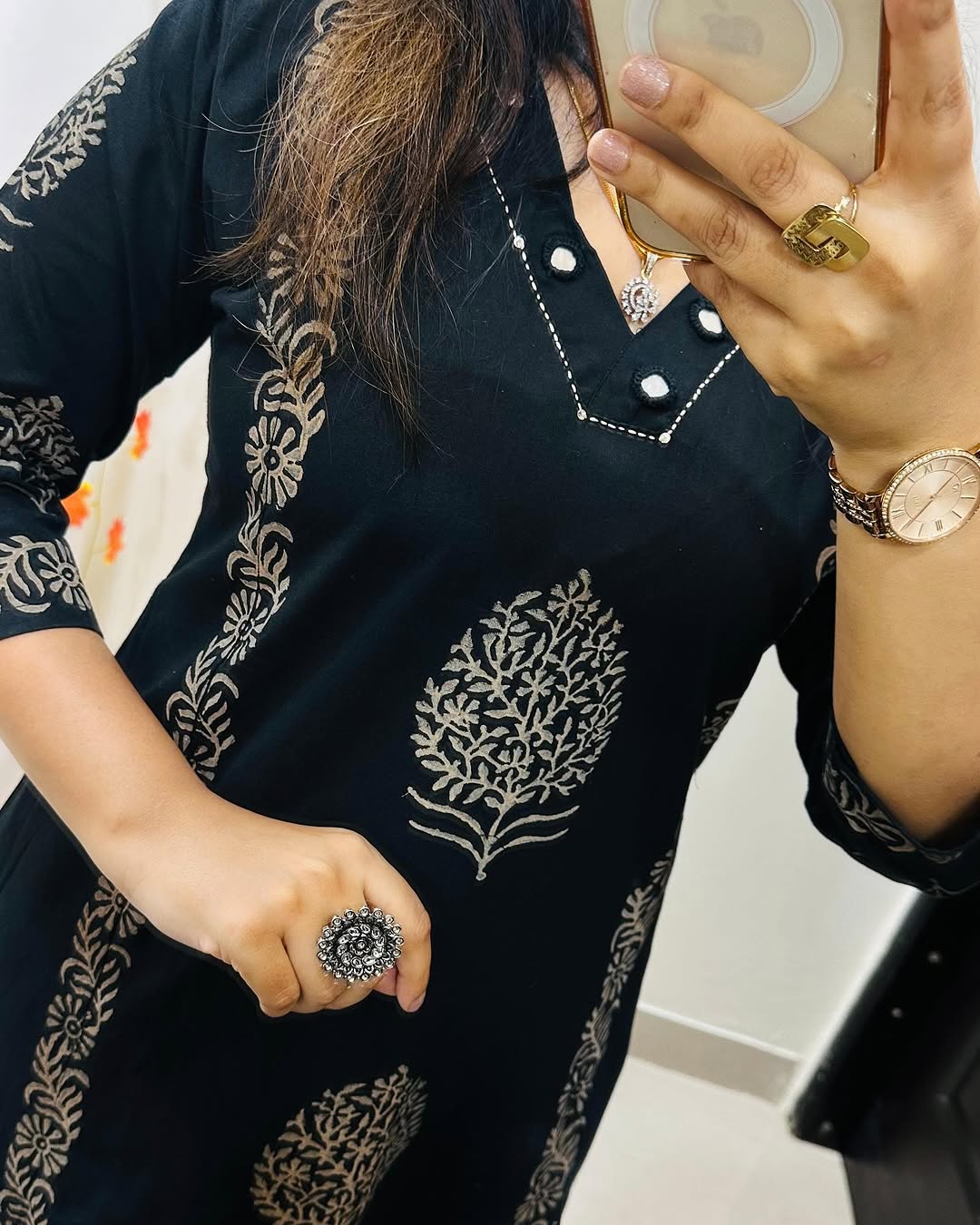 Black Hand-Block Cotton Kurti Pant Set with Mirror Work