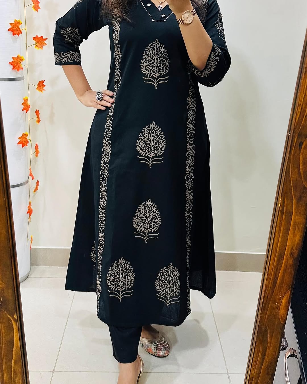Black Hand-Block Cotton Kurti Pant Set with Mirror Work