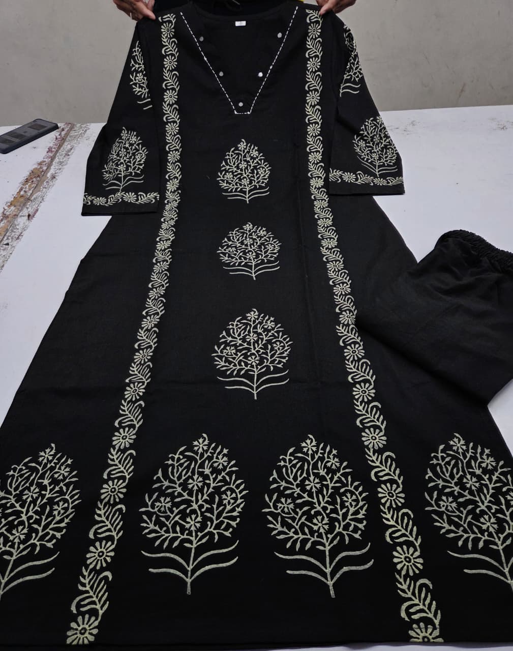 Black Hand-Block Cotton Kurti Pant Set with Mirror Work