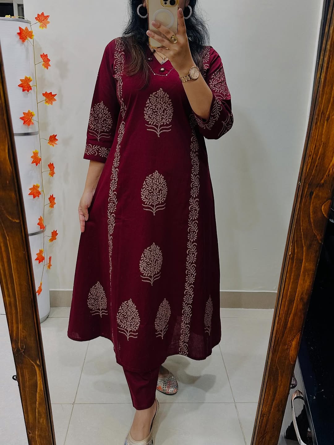 Maroon Hand-Block Cotton Kurti Pant Set with Mirror Work