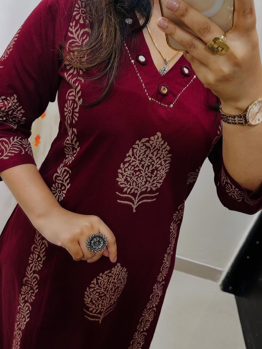 Maroon Hand-Block Cotton Kurti Pant Set with Mirror Work