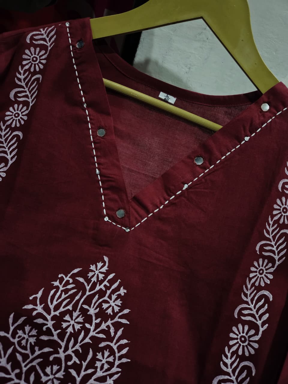 Maroon Hand-Block Cotton Kurti Pant Set with Mirror Work