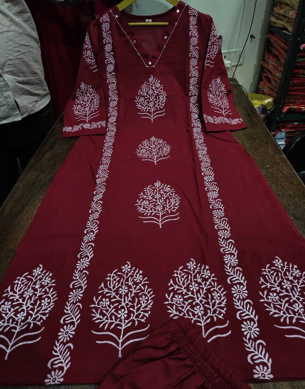 Maroon Hand-Block Cotton Kurti Pant Set with Mirror Work