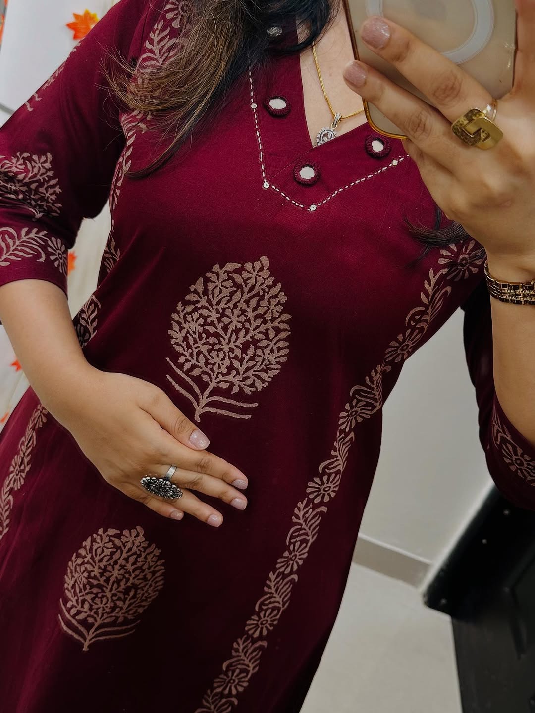 Maroon Hand-Block Cotton Kurti Pant Set with Mirror Work