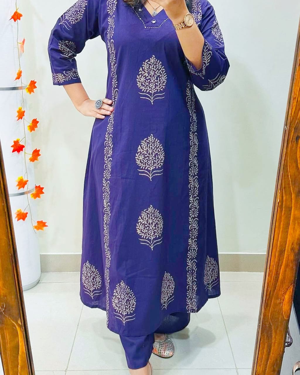 Blue Hand-Block Cotton Kurti Pant Set with Mirror Work