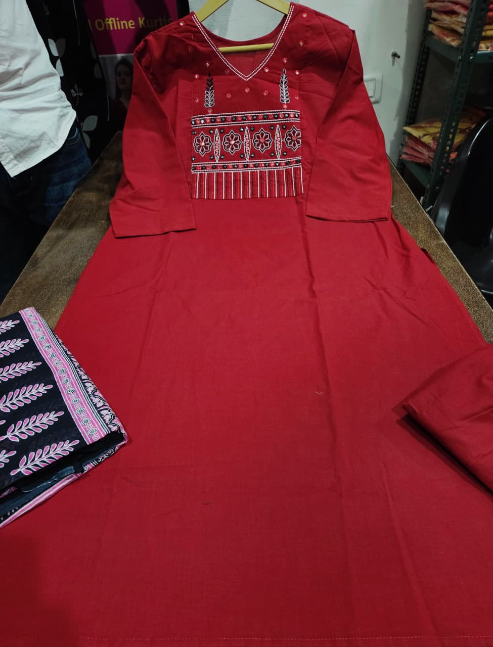 Heavy Cotton Embroidered Kurti Pant Set with Dupatta