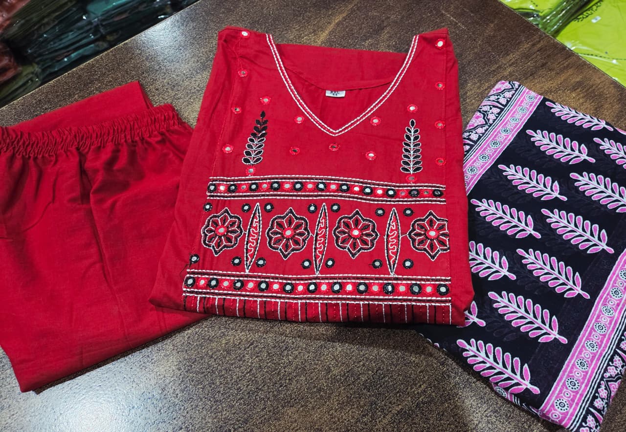 Heavy Cotton Embroidered Kurti Pant Set with Dupatta