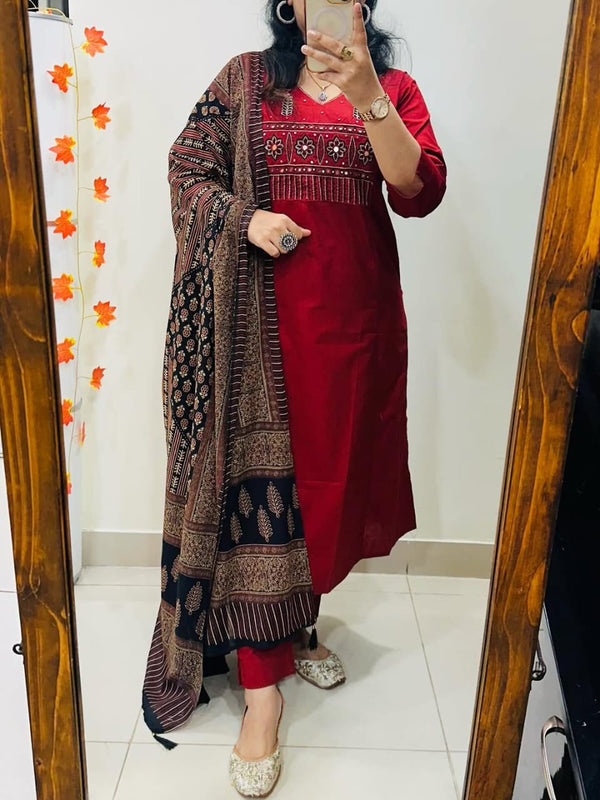 Heavy Cotton Embroidered Kurti Pant Set with Dupatta