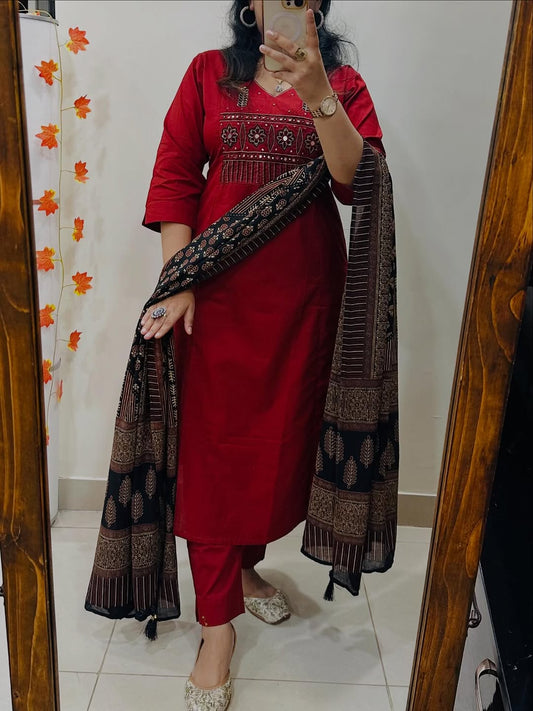 Heavy Cotton Embroidered Kurti Pant Set with Dupatta