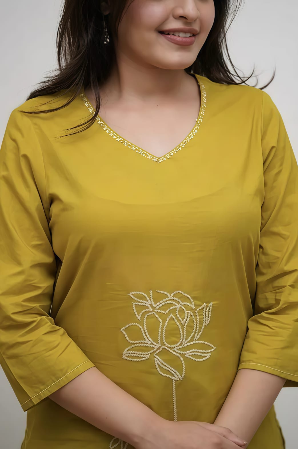 Mustard Yellow Cotton Floral Embroidery Kurta Set