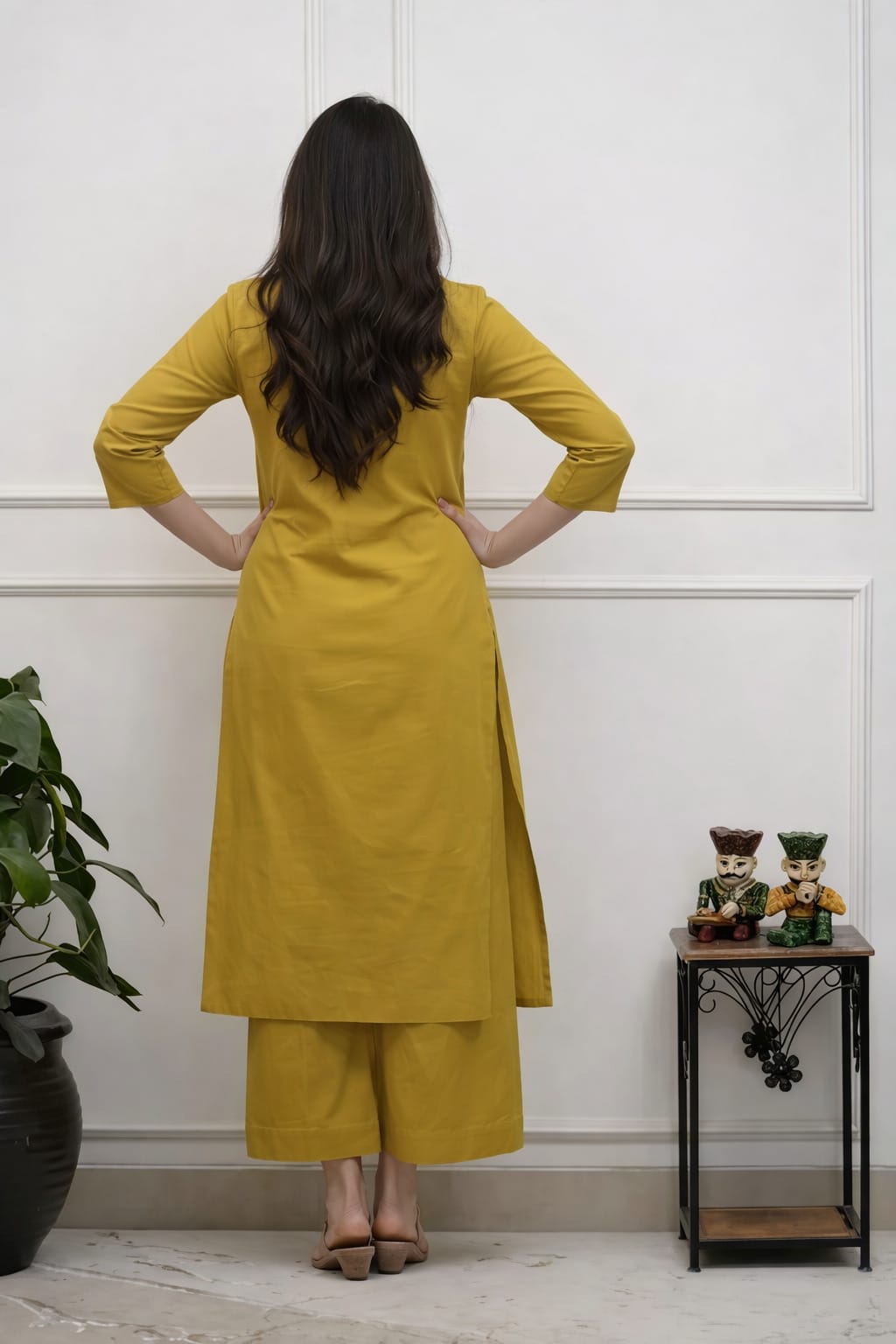 Mustard Yellow Cotton Floral Embroidery Kurta Set