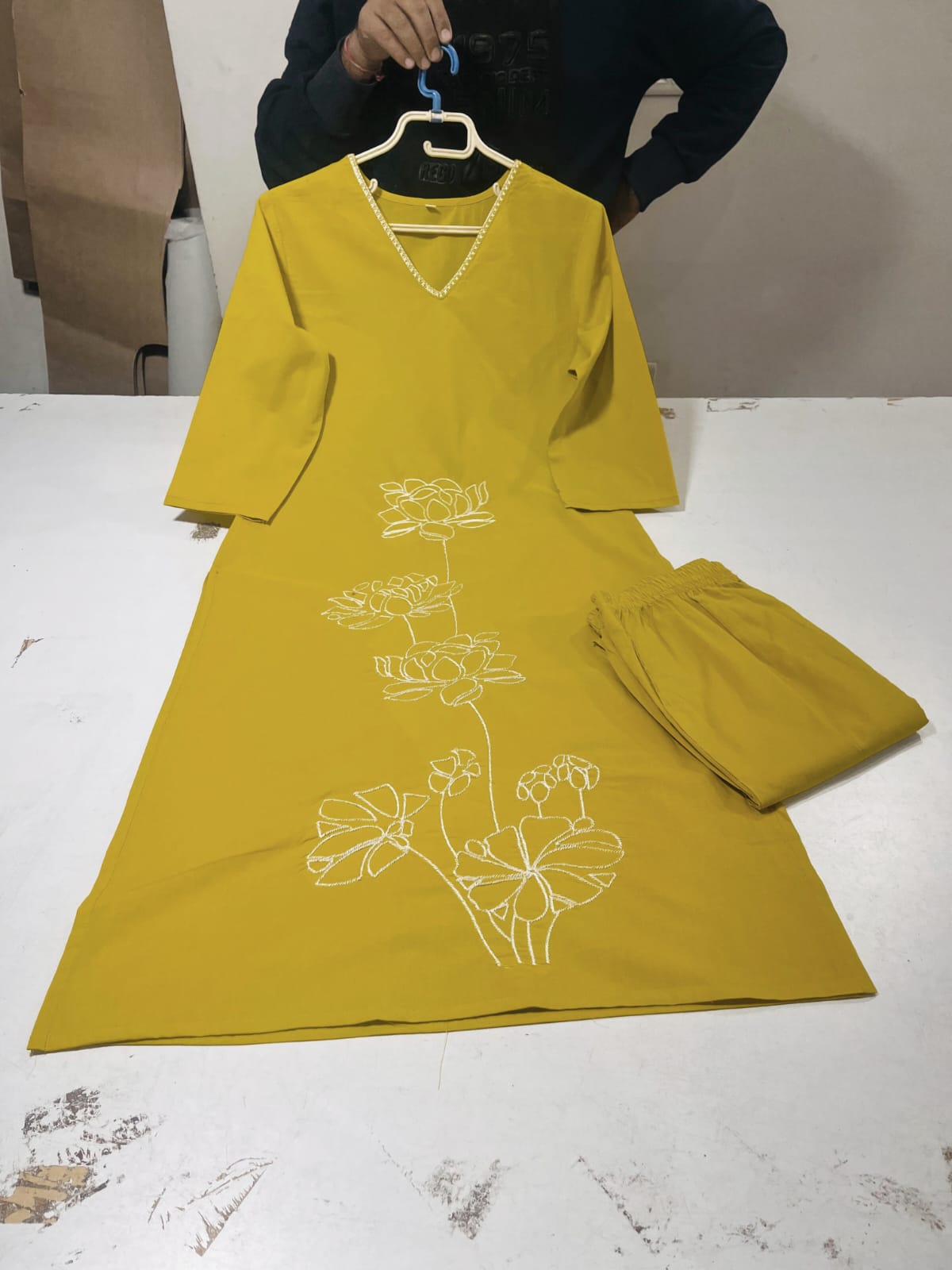 Mustard Yellow Cotton Floral Embroidery Kurta Set