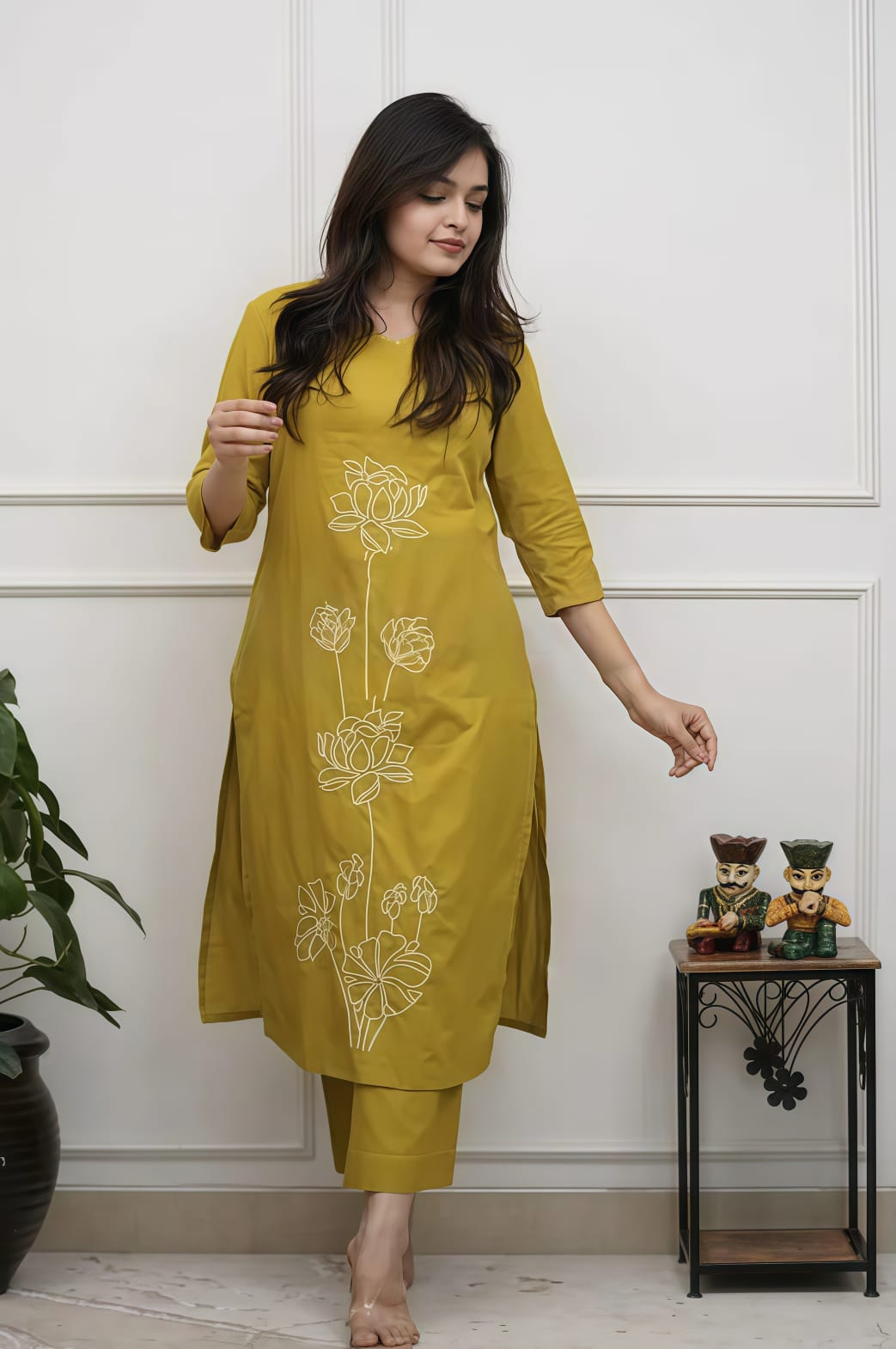 Mustard Yellow Cotton Floral Embroidery Kurta Set
