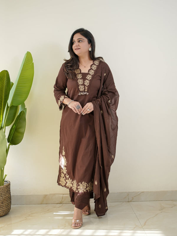 Chocolate Brown Embroidered Cotton Suit Set with Dupatta