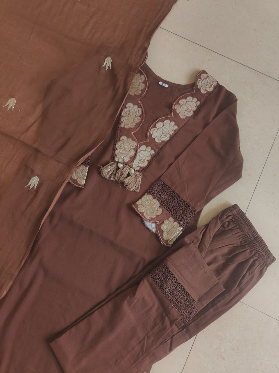 Chocolate Brown Embroidered Cotton Suit Set with Dupatta