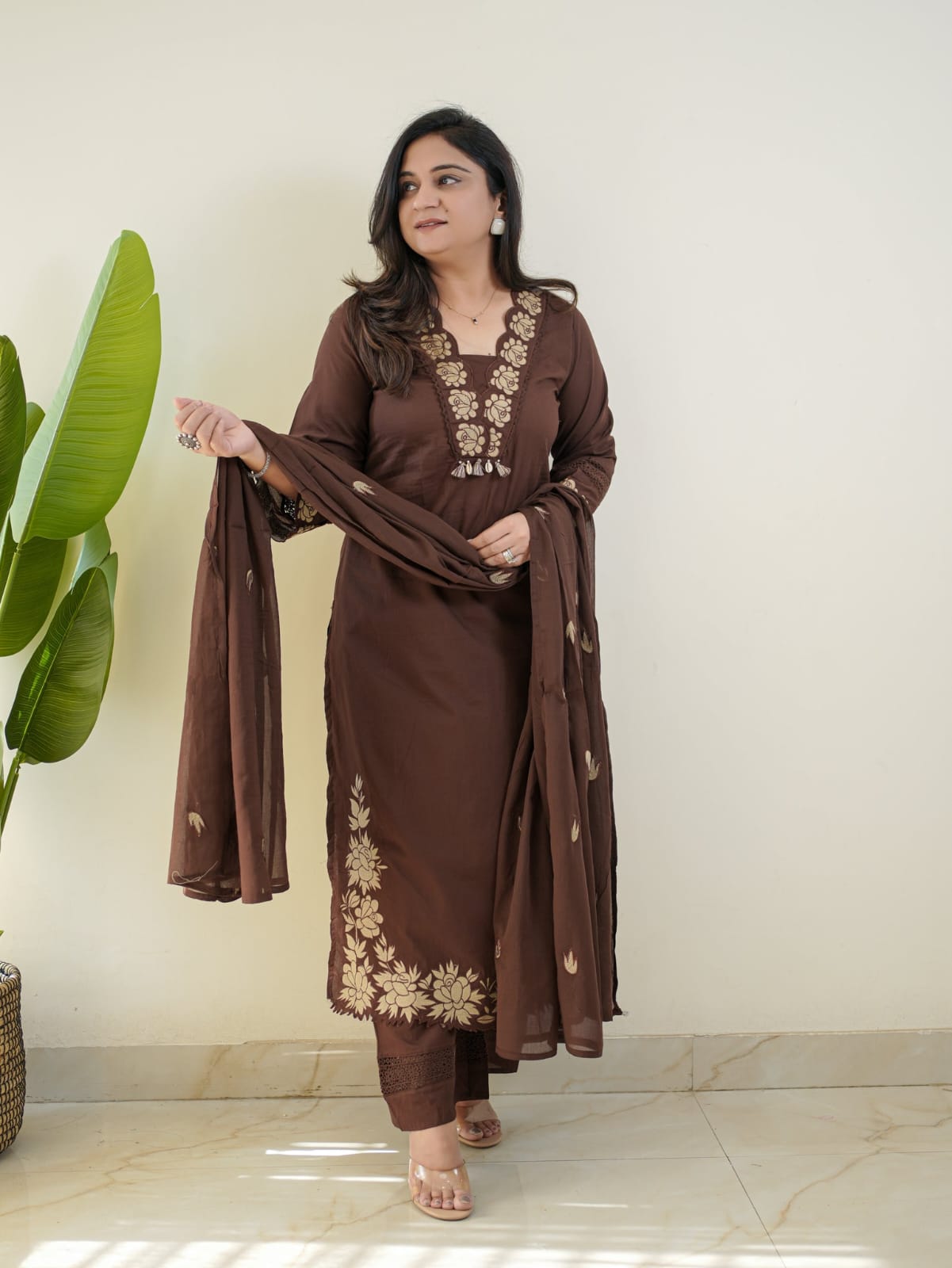 Chocolate Brown Embroidered Cotton Suit Set with Dupatta