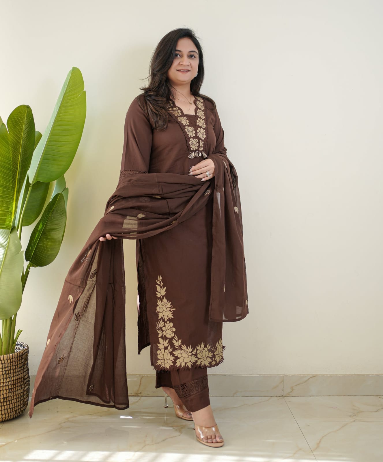 Chocolate Brown Embroidered Cotton Suit Set with Dupatta