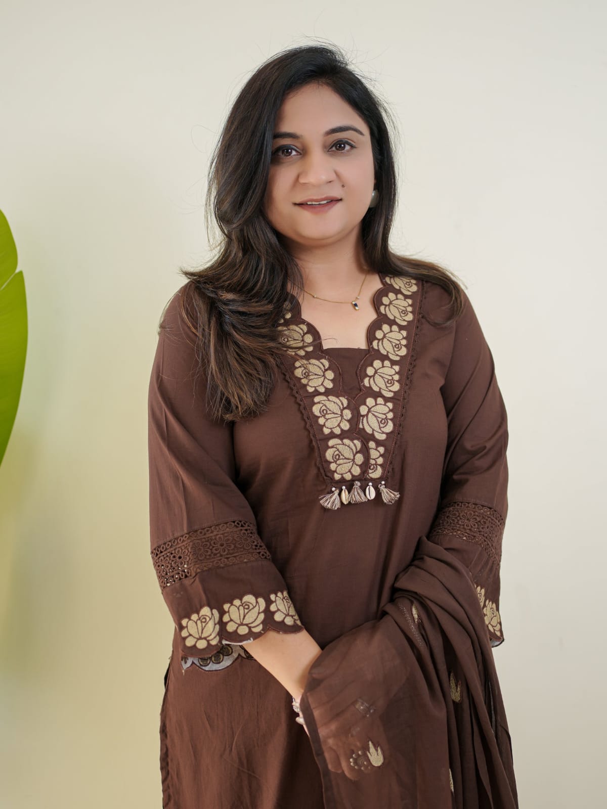 Chocolate Brown Embroidered Cotton Suit Set with Dupatta