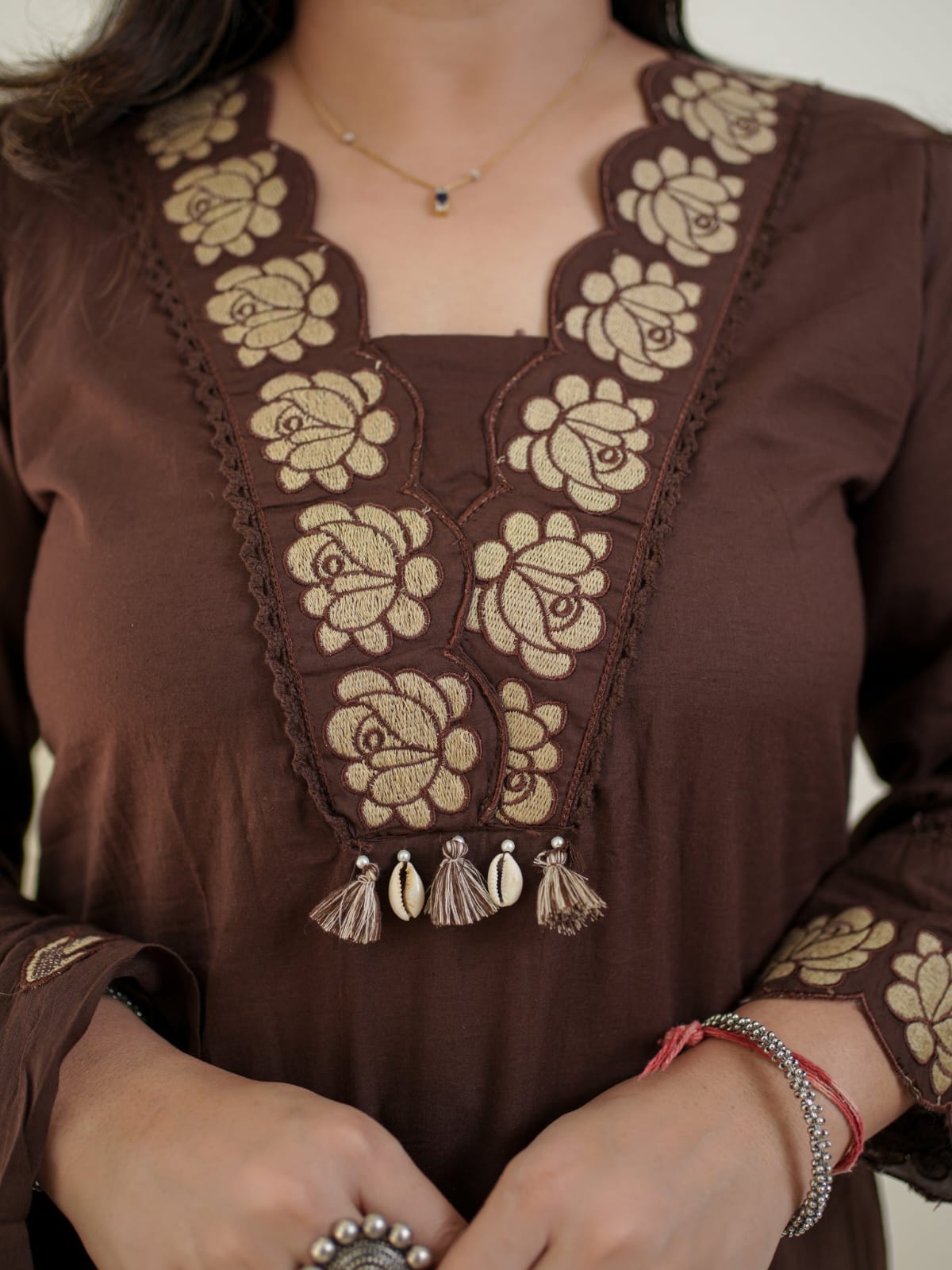 Chocolate Brown Embroidered Cotton Suit Set with Dupatta