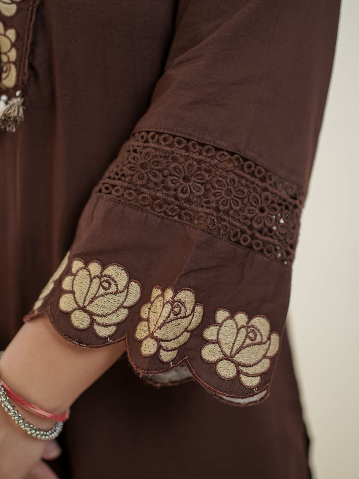Chocolate Brown Embroidered Cotton Suit Set with Dupatta