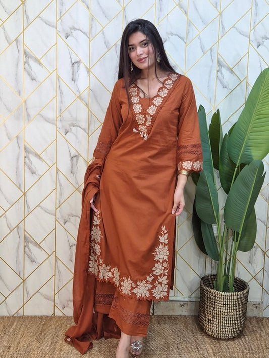 Rust Embroidered Cotton Suit Set with Dupatta