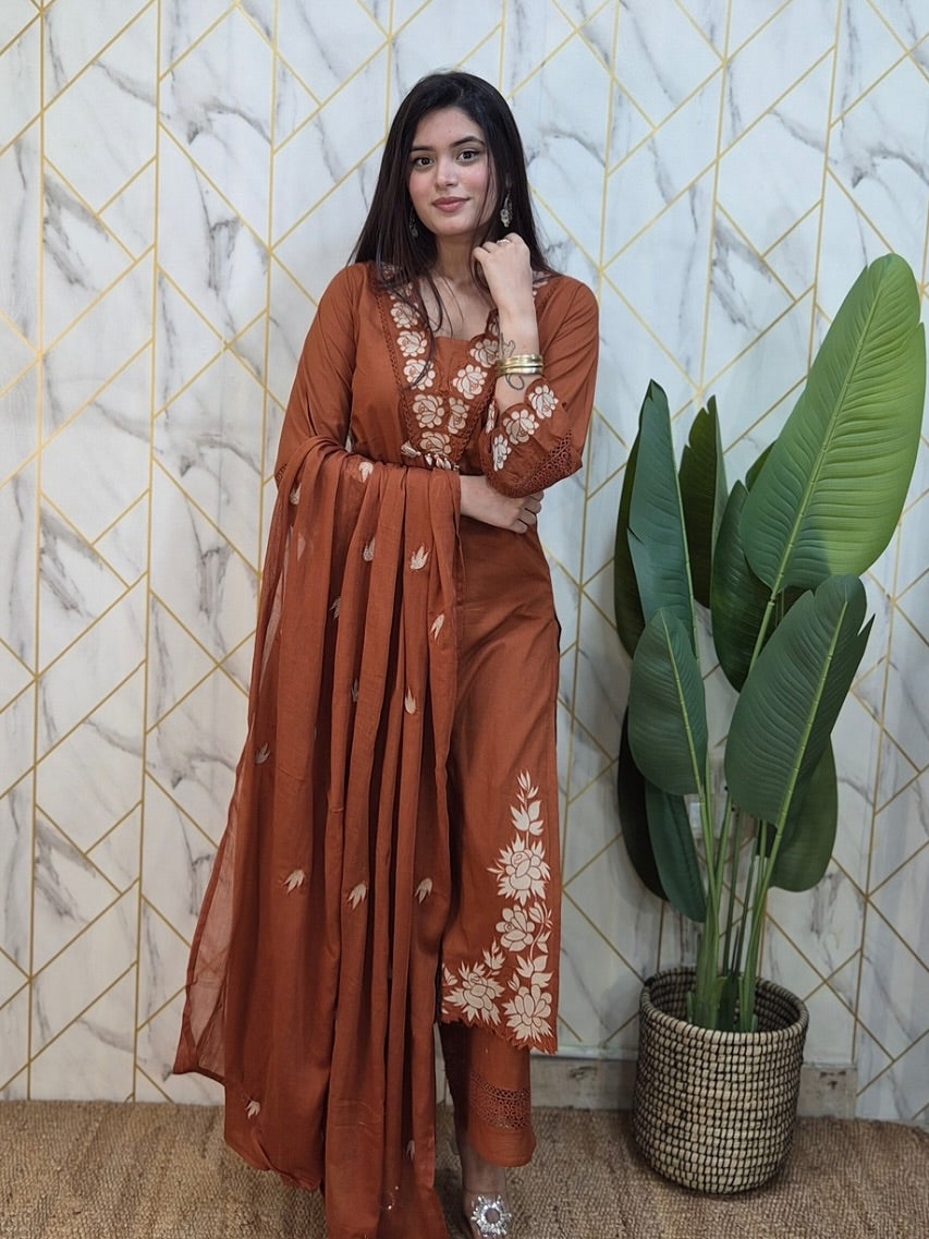 Rust Embroidered Cotton Suit Set with Dupatta