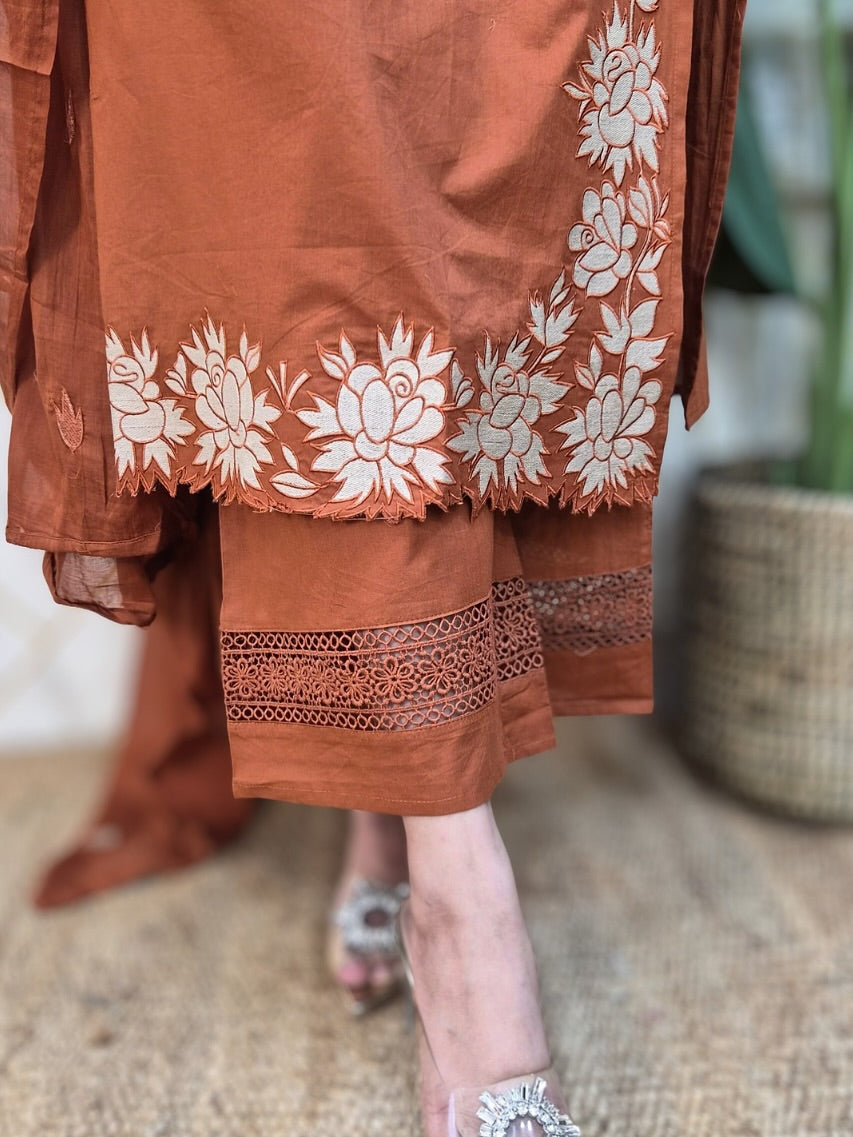 Rust Embroidered Cotton Suit Set with Dupatta