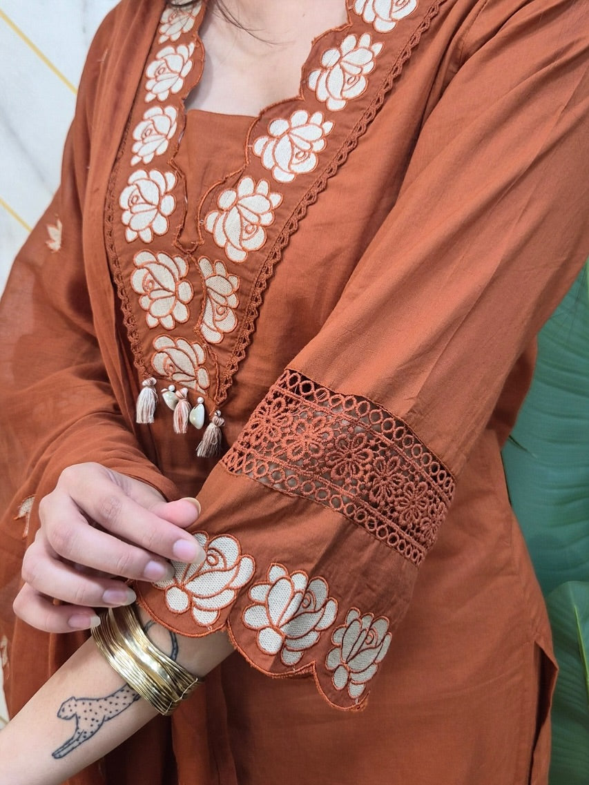 Rust Embroidered Cotton Suit Set with Dupatta