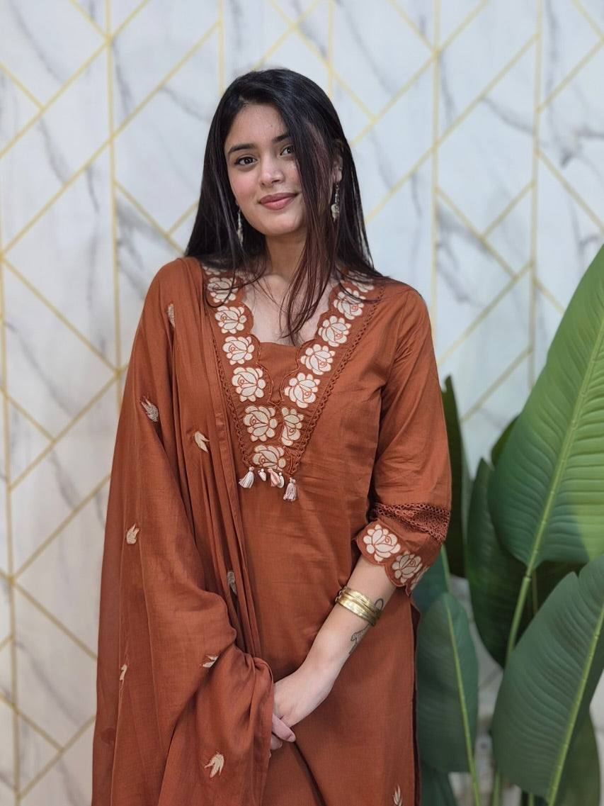 Rust Embroidered Cotton Suit Set with Dupatta