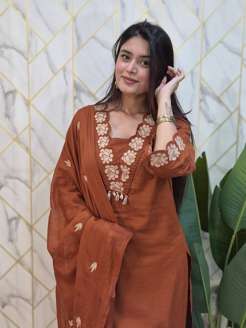 Rust Embroidered Cotton Suit Set with Dupatta